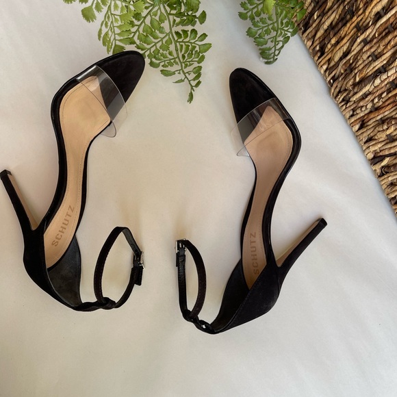 SCHUTZ black suede Ankle strap clear strap On top Sandal Size  6.5 womens - Picture 7 of 13